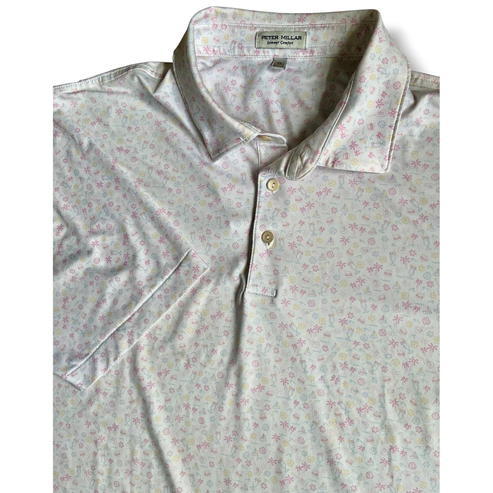 Peter Millar Summer Comfort Polo Shirt XL White Tropical Beach Print Short Slv